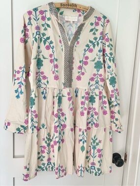 Sheridan French Abigail Dress S Floral Embellished V Neck Cotton Tiered Mini